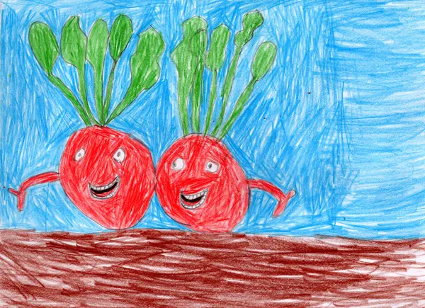 Hand drawn with colour pencils funny smiling vegetables in the garden bed