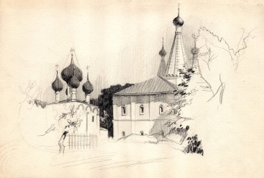 Solmuş eski bir kağıda kalem mimarisi çizimi ile çizilmiş. Rusya 'nın Uglich kentindeki antik kilise ve çan kulesi