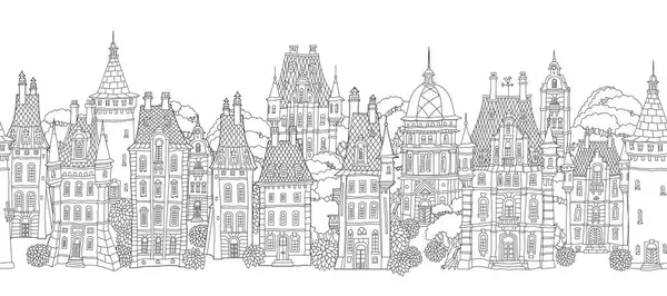 Сказочные Европейские Дома Уличная Панорама Раскраски Страницы Книги Ручной Рисунок — стоковый вектор