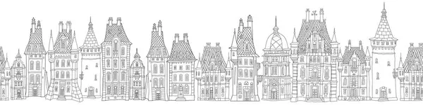 Сказочная Панорама Европейских Домов Раскраски Страницы Книги Ручной Черно Белый — стоковый вектор