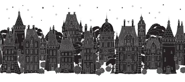 Рождество Новый Год Швов Границе Сказочные Европейские Дома Звездная Панорама — стоковый вектор