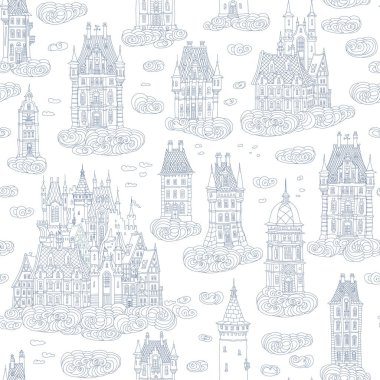 Seamless pattern of Fairy tale castles on the clouds in the air. Coloring book page  clipart