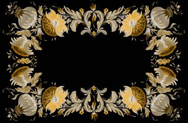 Şal, halı, bandana, fayans için el çizimi desenler, altın çiçekler, yapraklar, siyah arka planda dallar