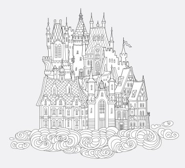 Havada peri masalı şatosu var. Boyama kitabı sayfası El bulutlara ortaçağ evlerinin siyah beyaz çizimi