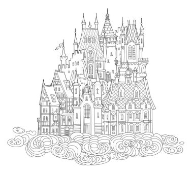 Havada peri masalı şatosu var. Boyama kitabı sayfası El bulutlara ortaçağ evlerinin siyah beyaz çizimi