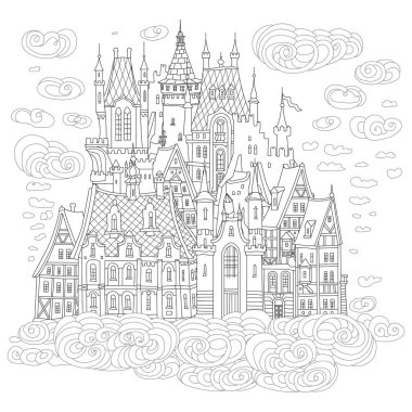 Fairy tale castle in the air. Coloring book page Hand drawn black and white sketch of medieval houses on the clouds clipart