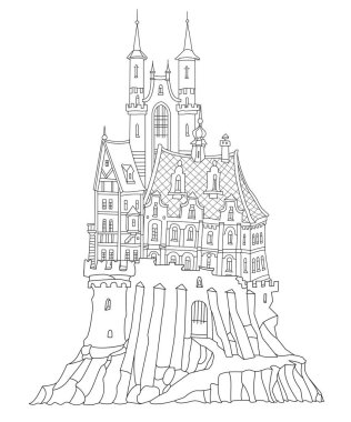 Peri masalı kalesi. Boyama kitabı sayfası için el çizimi siyah-beyaz mimari çizim