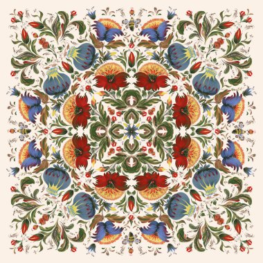 Şal, halı, bandana için el çizimi desen, kırmızı ve mavi çiçekli fayans, yapraklar, bej arka planda dallar