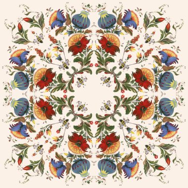 Şal, halı, bandana, kırmızı ve mavi çiçekli fayans, bal arıları, yapraklar ve bej arkaplanda dallar için el çizimi desenler