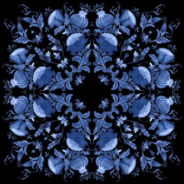 Şal, halı, bandana için el çizimi desen mavi renkli çiçekler, yapraklar, siyah arkaplanda dallar