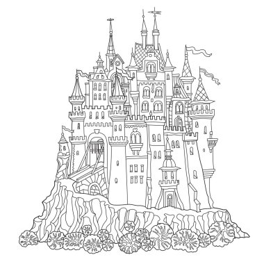 Peri masalı kalesi. Boyama kitabı sayfası için el çizimi siyah-beyaz mimari çizim