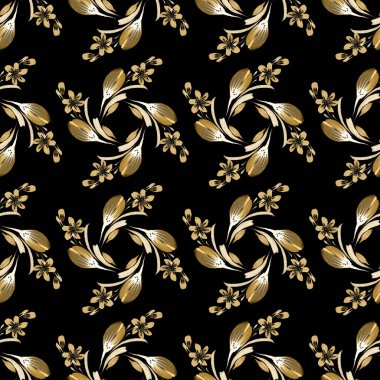 El boyasıyla boyanmış altın sarısı şakayık çiçek burunları, menekşeler ve siyah arka planda altın yapraklar.