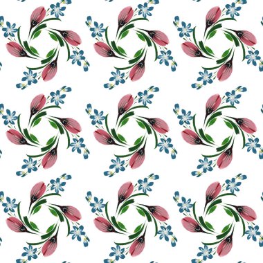 Beyaz arka planda el boyası, şakayık çiçeği, menekşe ve yeşil yaprakların desenleri var.