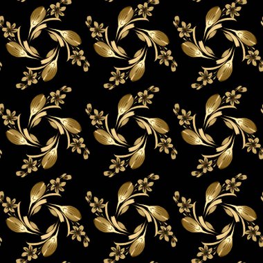 El boyasıyla boyanmış altın sarısı şakayık çiçek burunları, menekşeler ve siyah arka planda altın yapraklar.