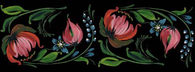 Şakayık çiçekleri, menekşe çiçekleri ve siyah arka planda yeşil yapraklar. Petrykivka geleneksel tablosu