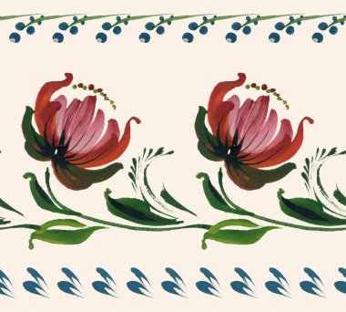 Pembe şakayık çiçekleri, yabanmersini demetleri ve bej bir arka planda yeşil yapraklar. Petrykivka geleneksel tablosu