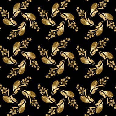 El boyasıyla boyanmış altın sarısı şakayık çiçek burunları, menekşeler ve siyah arka planda altın yapraklar.