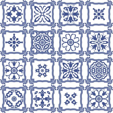 Hollanda seramik tarzında geometrik ve çiçekli mavi karoların pürüzsüz yama deseni