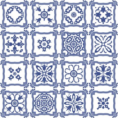 Hollanda seramik tarzında geometrik ve çiçekli mavi karoların pürüzsüz yama deseni