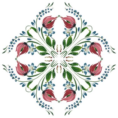 El boyasıyla boyanmış mavi lale çiçekleri, menekşe rengi, yabanmersini ve çivit yaprakları siyah arka planda.