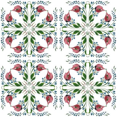 El boyası kırmızı lale çiçekleri, menekşe rengi, yabanmersini ve yeşil yaprakların bej bir arka planda bulunan desenleri. Petrykivka geleneksel Ukrayna tablosu