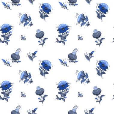 Ukrayna halk resimleri tarzı Petrykivka. Çiçeksiz desen, beyaz arka planda izole edilmiş küçük bir demet mavi renkli çiçek.