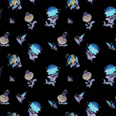 Çiçeksiz desen, siyah arka planda izole edilmiş küçük bir demet çiçek.