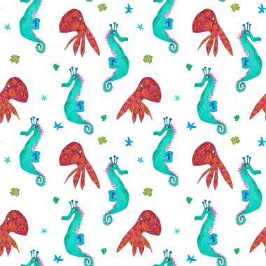 El çizimi suluboya resim. Balıklardan, denizatlarından, ahtapotlardan, deniz kabuklarından, beyaz arkaplandaki deniz yıldızlarından kusursuz desenler.