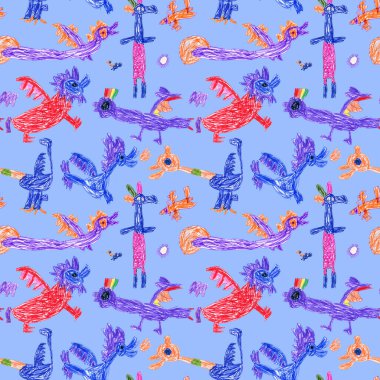 Masal ejderhaları ve canavarların el yapımı kalem çizimleri. Lavanta mavisi arkaplanda kusursuz desen