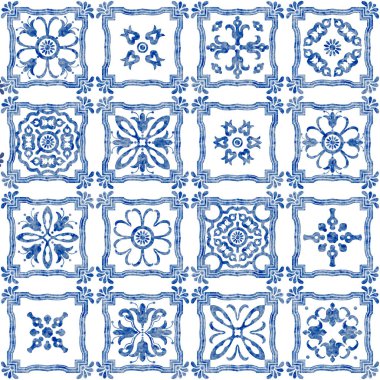 Mavi suluboya geometrik ve çiçekli karoların desensiz deseni 