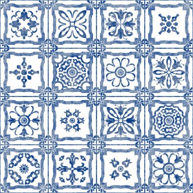 Mavi suluboya geometrik ve çiçekli karoların desensiz deseni 