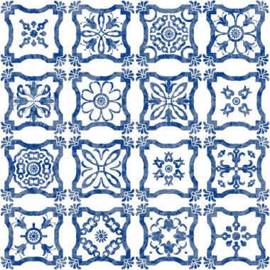 Mavi suluboya geometrik ve çiçekli karoların desensiz deseni 