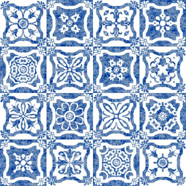 Mavi suluboya geometrik ve çiçekli karoların desensiz deseni 