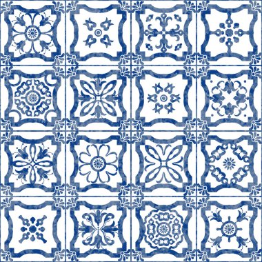 Mavi suluboya geometrik ve çiçekli karoların desensiz deseni 