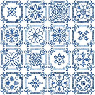 Mavi suluboya geometrik ve çiçekli karoların desensiz deseni 