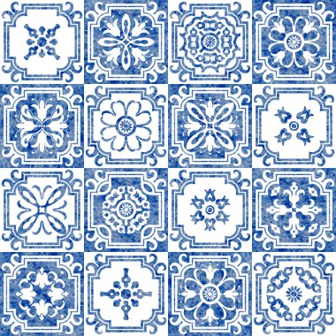 Watercolor seamless pattern of blue tiles with geometrical and floral ornaments in azulejo ceramic style clipart