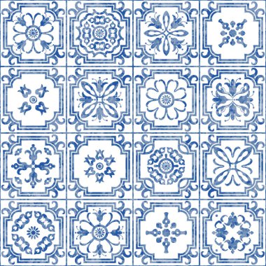 Mavi suluboya geometrik ve çiçekli karoların desensiz deseni 