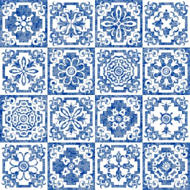 Azulejo seramik tarzında geometrik ve çiçekli suluboya desenli mavi fayanslar.