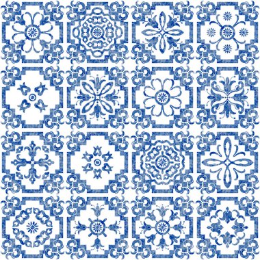 Mavi suluboya geometrik ve çiçekli karoların desensiz deseni 