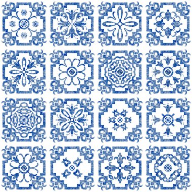 Mavi suluboya geometrik ve çiçekli karoların desensiz deseni 