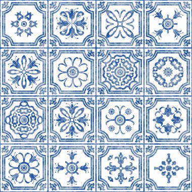 Mavi suluboya geometrik ve çiçekli karoların desensiz deseni 