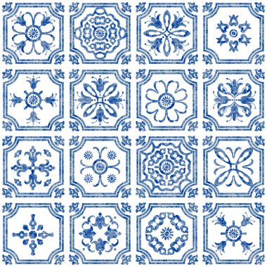 Mavi suluboya geometrik ve çiçekli karoların desensiz deseni 