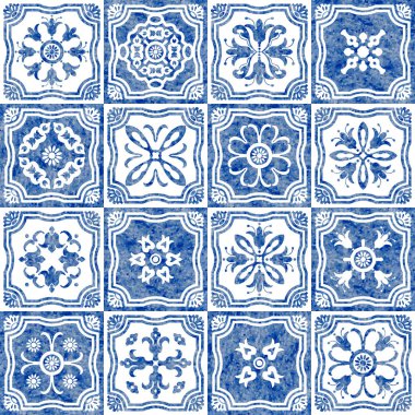 Azulejo seramik tarzında geometrik ve çiçekli suluboya desenli mavi fayanslar.