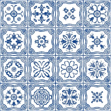 Mavi suluboya geometrik ve çiçekli karoların desensiz deseni 