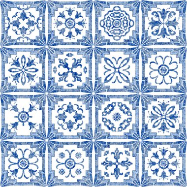 Mavi suluboya geometrik ve çiçekli karoların desensiz deseni 