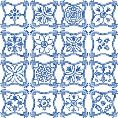 Mavi suluboya geometrik ve çiçekli karoların desensiz deseni 
