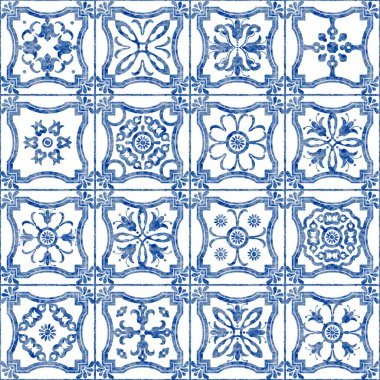 Mavi suluboya geometrik ve çiçekli karoların desensiz deseni 