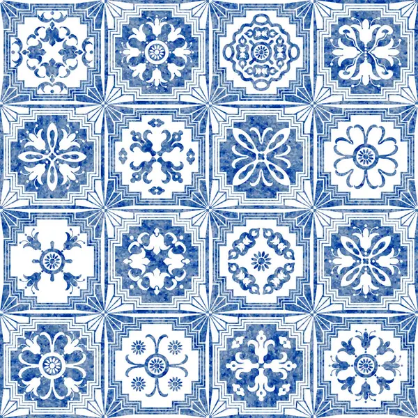 Azulejo seramik tarzında geometrik ve çiçekli suluboya desenli mavi fayanslar.