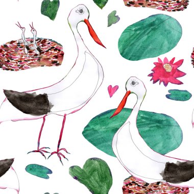 Leylek çifti ve beyaz bir arka planda yuvadaki civcivlerin kusursuz deseni. El çizimi kalem çizimi ve suluboya resim