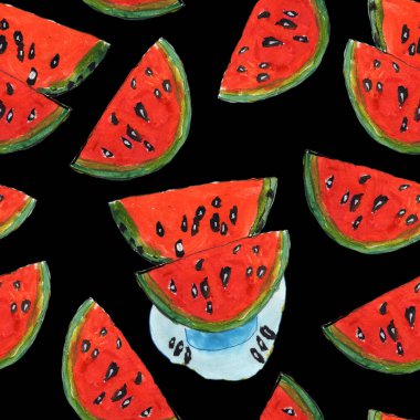 El çizimi suluboya resim, pürüzsüz desen. Siyah arka planda kırmızı karpuz dilimleri
